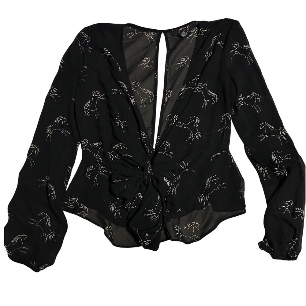 Forever 21 Black Sheer Horse Print Twist Front V Neck Long Sleeve Top Womens M - Picture 3 of 8